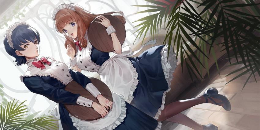 2girls :d apron blue_dress blue_footwear blue_hair blunt_bangs breasts brown_hair brown_legwear ci_caprice couch curly_hair dress dutch_angle ekao flipped_hair hands_up highres holding holding_tray indoors ironwork long_hair long_sleeves looking_at_viewer maid maid_apron maid_headdress mell_raison multiple_girls open_mouth palm_leaf pantyhose parted_lips purple_eyes sakura_taisen shoes short_hair short_sleeves smile standing tray v_arms white_apron wrist_cuffs yellow_eyes