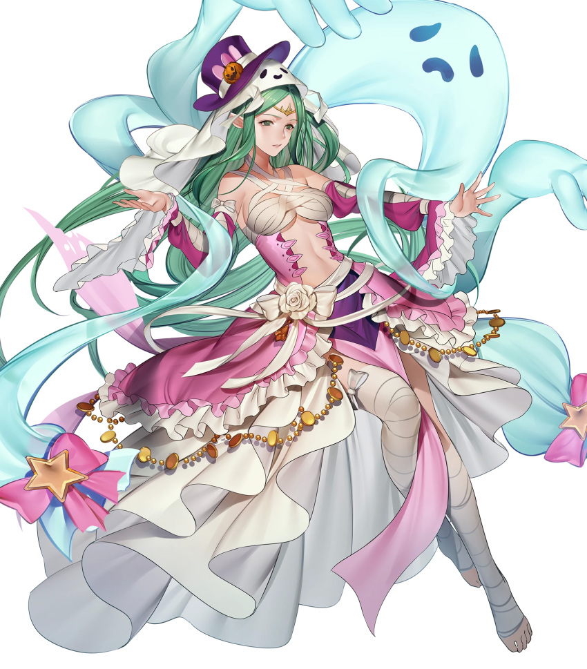 bandaged_leg bandages bare_shoulders bow breasts closed_mouth detached_sleeves dress expressionless female fire_emblem fire_emblem:_mystery_of_the_emblem fire_emblem_awakening fire_emblem_heroes frills full_body ghost green_eyes green_hair grey_hair halloween halloween_costume hanusu hat highres jewelry long_dress long_hair looking_away medium_breasts naga_(fire_emblem) naga_(halloween)_(fire_emblem) navel non-web_source official_art pale_skin pelvic_curtain pointy_ears ribbon sarashi stomach tiara toeless_legwear toes transparent_background veil