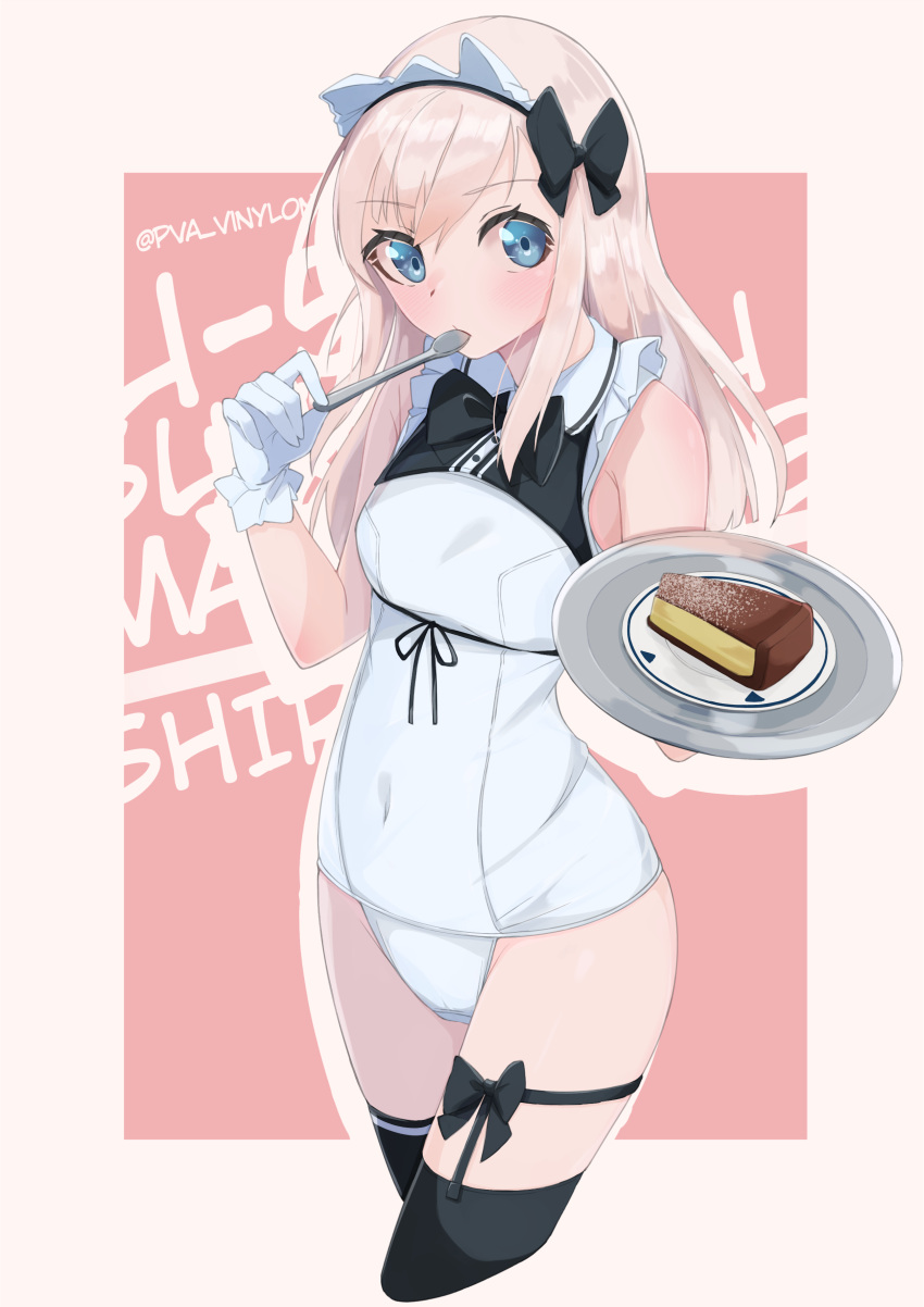 absurdres adapted_costume alternate_costume black_bow black_thighhighs blonde_hair blue_eyes blush bow breasts cake commentary_request covered_navel cowboy_shot cropped_legs dessert eating enmaided female food frills gloves hairbow highres holding holding_plate kantai_collection long_hair looking_at_viewer maid maid_headdress maid_one-piece_swimsuit pink_background plate solo swimsuit thighhighs tray u-511_(kancolle) unconventional_maid utensil_in_mouth uut white_gloves