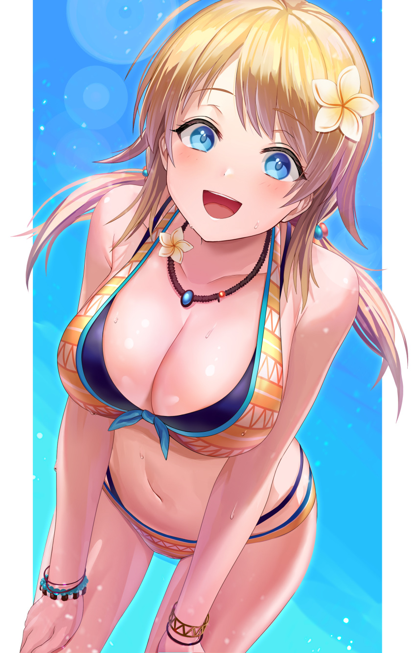 :d absurdres ahoge akimikan_(2.5deciliter) bare_shoulders bikini blonde_hair blue_eyes bracelet breasts cleavage collarbone female flower front-tie_bikini_top front-tie_top hachimiya_meguru hair_flower hair_ornament hands_on_own_thighs highres idolmaster idolmaster_shiny_colors jewelry large_breasts long_hair looking_at_viewer multi-strapped_bikini navel necklace open_mouth orange_bikini photoshop_(medium) smile solo stomach swimsuit