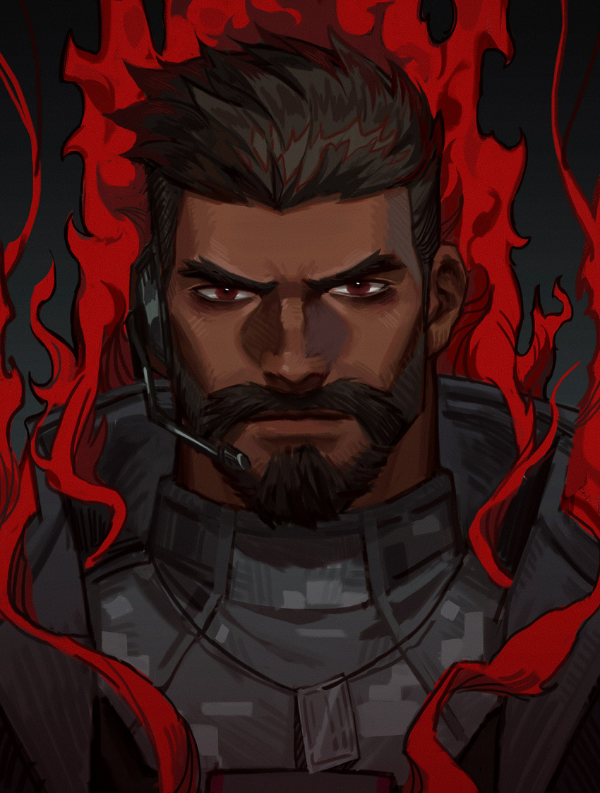 1boy amo_(amo9612) beard black_hair camouflage camouflage_shirt close-up collared_jacket communicator dark-skinned_male dark_skin facial_hair highres jacket jewelry looking_at_viewer male_focus necklace overwatch reaper_(overwatch) red_eyes shirt smoke soldier_24_(overwatch) solo thick_eyebrows