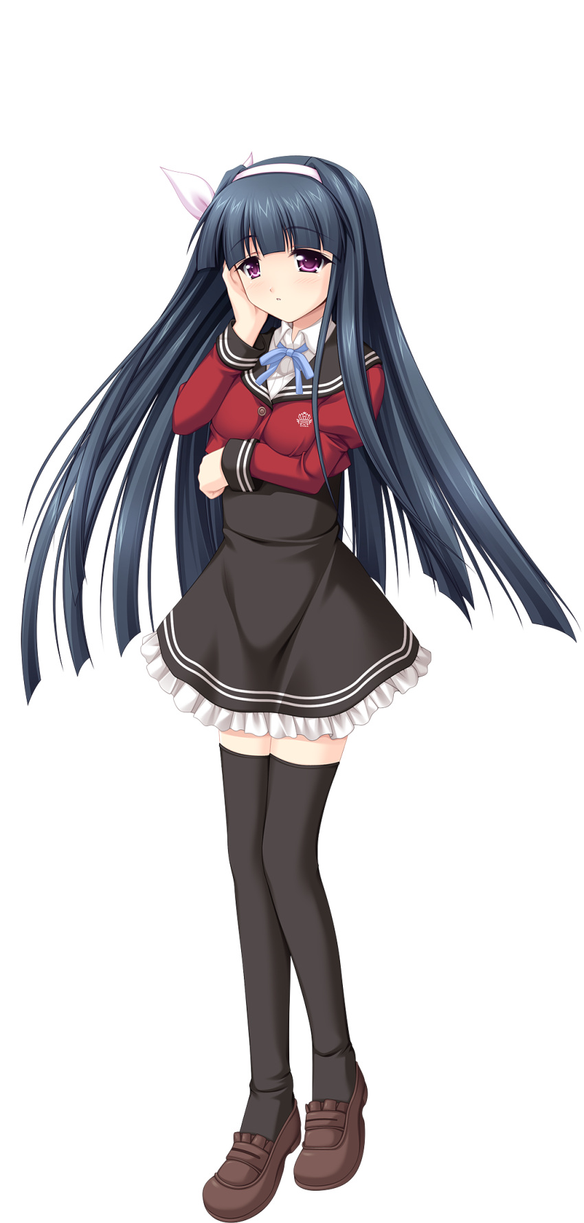 alpha_(yukai_na_nakamatachi) black_hair black_sailor_collar black_skirt black_thighhighs blue_ribbon blunt_bangs bow bow_hairband brown_footwear collared_shirt dress_shirt female floating_hair frilled_skirt frills full_body game_cg hairband hairbow hand_on_own_cheek hand_on_own_face hayakawa_yuriko high-waist_skirt highres loafers long_hair long_sleeves miniskirt neck_ribbon purple_eyes ribbon sailor_collar school_uniform shirt shoes skirt solo standing tachi-e thighhighs transparent_background very_long_hair w.l.o_sekai_ren'ai_kikou white_bow white_hairband white_shirt wing_collar zettai_ryouiki