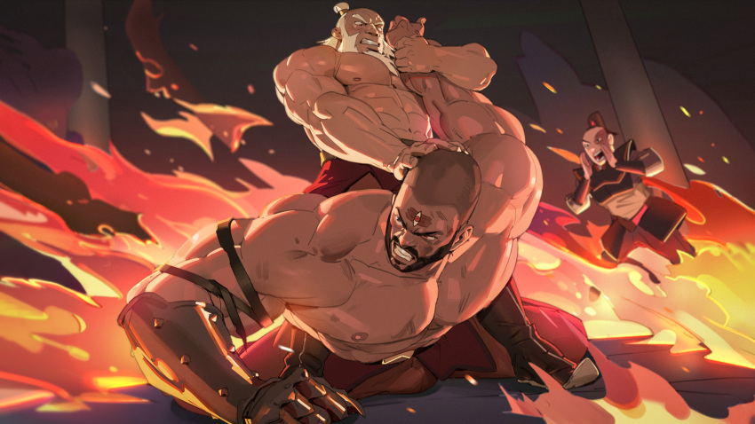 3boys abs avatar:_the_last_airbender avatar_legends bad_id bad_pixiv_id bara beard belt biceps black_eyes chinese_commentary combustion_man_(avatar) commentary facial_hair fighting fire highres iroh large_pectorals locked_arms long_hair male_focus manly mature_male military military_uniform multiple_boys muscular muscular_male nipples one_eye_closed pants pectorals ponytail prosthesis prosthetic_arm scar scar_on_face shaved_head shouting shouting_with_hands skirt tattoo thick_arms tooboshoo topless_male uniform wrestling zuko