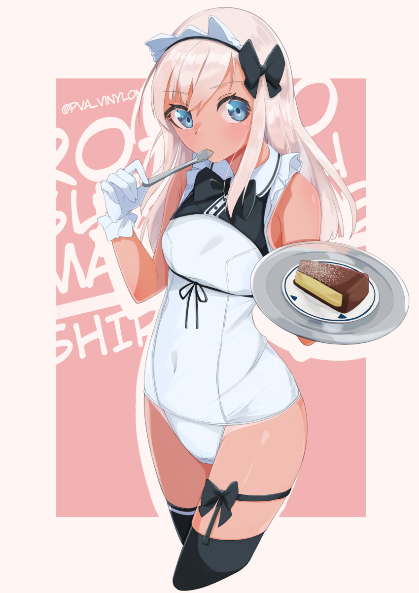 absurdres adapted_costume alternate_costume black_bow black_thighhighs blonde_hair blue_eyes blush bow breasts cake commentary_request covered_navel cowboy_shot cropped_legs dessert eating enmaided female food frills gloves hairbow highres holding holding_plate kantai_collection long_hair looking_at_viewer maid maid_headdress maid_one-piece_swimsuit pink_background plate ro-500_(kancolle) solo swimsuit tan tanlines thighhighs tray unconventional_maid utensil_in_mouth uut white_gloves