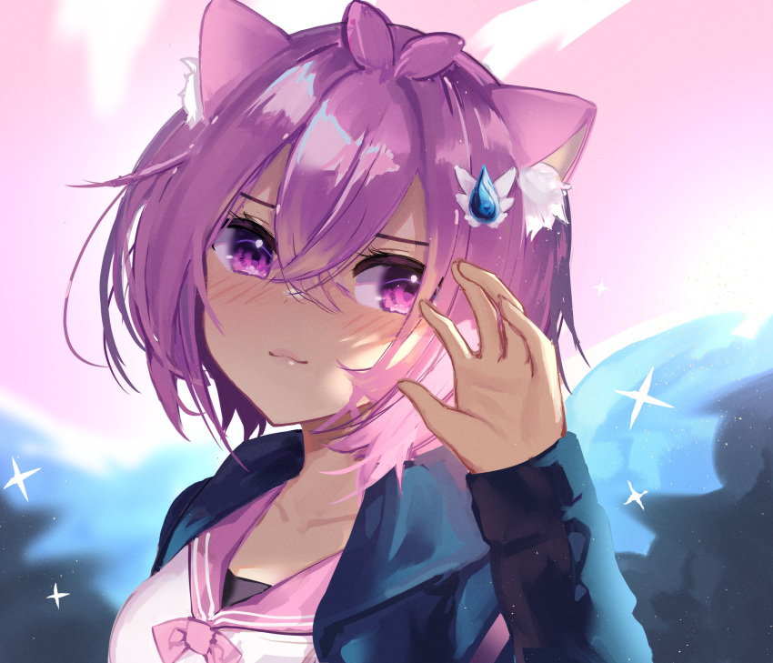 absurdres animal_ear_fluff animal_ears atelier_live blue_jacket blush cat_ears dayshiart female hair_between_eyes hand_up highres jacket kemonomimi_mode looking_to_the_side open_hand purple_eyes purple_hair sailor_collar school_uniform serafuku short_hair solo sparkle upper_body virtual_youtuber water_drop_hair_ornament yamane_chiika