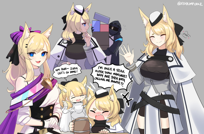 1other 2girls :d age_conscious arknights aunt_and_niece bare_shoulders black_jacket blemishine_(arknights) blonde_hair blue_eyes bow cape chibi closed_eyes commentary doctor_(arknights) dress english_text grey_background hairbow hand_up jacket long_hair long_sleeves looking_at_viewer multiple_girls multiple_views official_alternate_costume open_mouth purple_bow simple_background smile speech_bubble supershrimpcakes whislash_(arknights) whislash_(glory_purple)_(arknights) white_cape white_dress