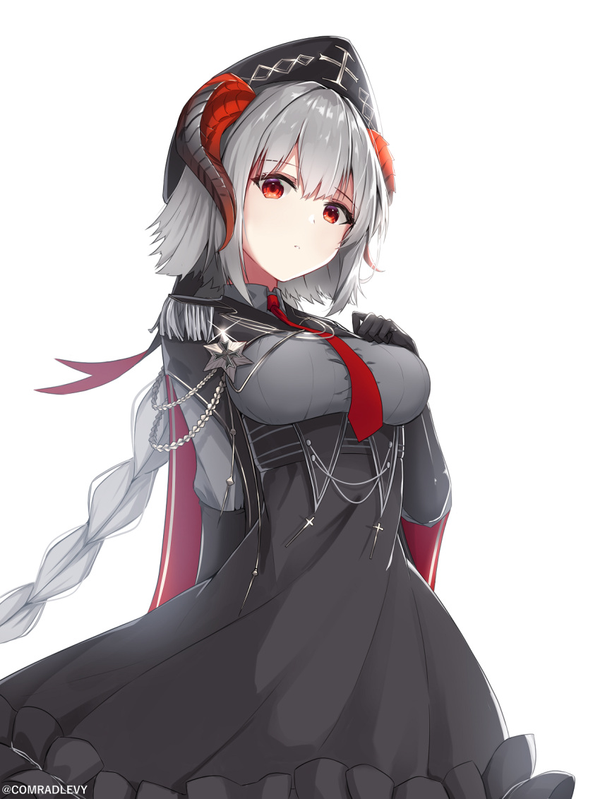 artist_name azur_lane black_dress black_gloves braid cross dress epaulettes female framed_breasts from_below gloves grey_hair grey_headwear hand_on_own_chest highres horns iron_cross levy_(comradlevy) long_hair looking_at_viewer low_tied_hair necktie nuernberg_(azur_lane) red_eyes red_necktie simple_background twitter_username very_long_hair white_background