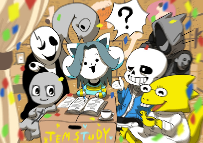 alphys animated_skeleton anthro bone bovid canid canine caprine clothed clothing felid feline gaster gaster_follower_1 gaster_follower_2 gaster_follower_3 group hair mammal momo320 open_mouth reptile sans_(undertale) scalie skeleton studying tem temmie_(undertale) text topwear undead undertale undertale_(series) white_body