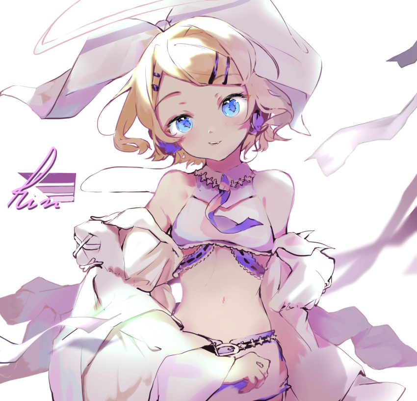 absurdres bad_id bad_twitter_id bare_shoulders blonde_hair bow character_name crop_top detached_sleeves female hair_ornament hairbow hairclip highres kagamine_rin large_bow light_smile looking_at_viewer midriff miniskirt navel open_mouth oyamada_gamata short_hair skirt solo swept_bangs upper_body vocaloid white_background white_bow wide_sleeves