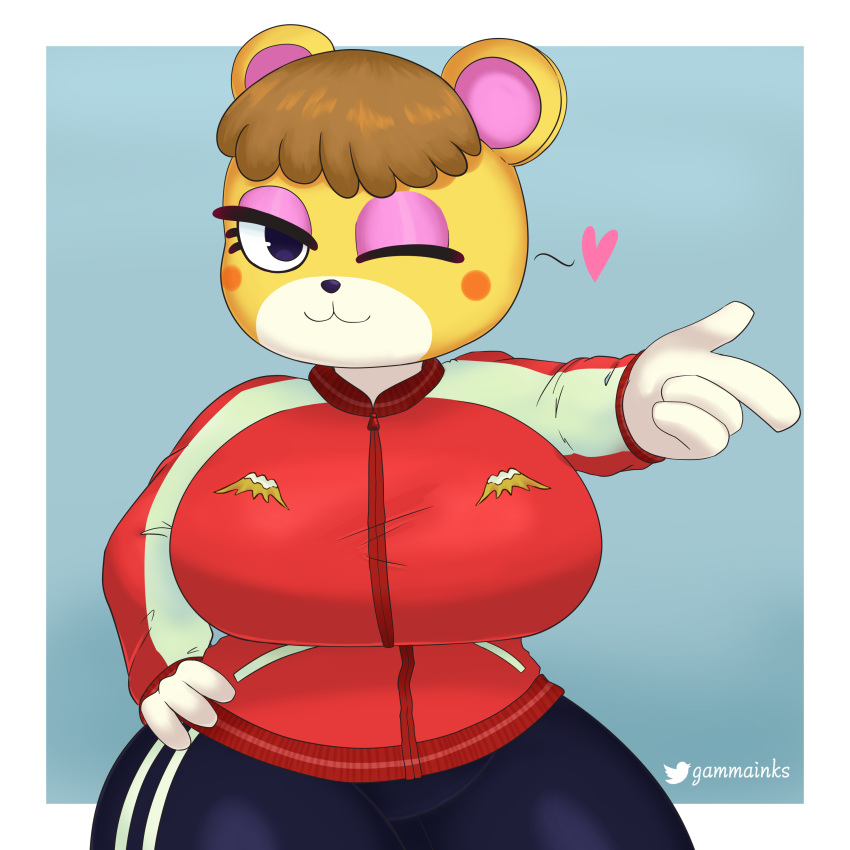 1:1 absurd_res animal_crossing anthro bear big_breasts blush blush_stickers border breasts female gammainks gesture hand_gesture heart_symbol hi_res looking_at_viewer mammal nintendo one_eye_closed pointing solo tammy_(animal_crossing) white_border wide_hips wink