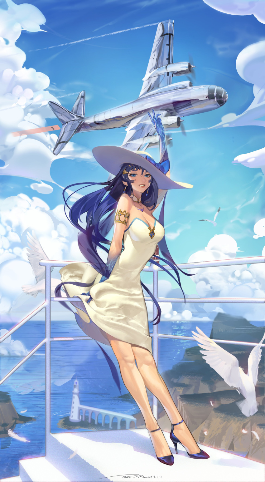 absurdres against_railing aircraft airplane animal arm_up armlet bare_legs bare_shoulders bird blue_eyes blue_hair blue_skin breasts cleavage cloud cloudy_sky colored_skin commentary damiaodi dated day detached_collar dress earrings feathers female full_body hat high_heels highres jewelry lighthouse lips long_hair looking_at_viewer medium_breasts necklace ocean original outdoors railing sandals seagull signature sky smile solo stairs standing strapless strapless_dress sundress vehicle_request very_long_hair water white_dress white_hat window