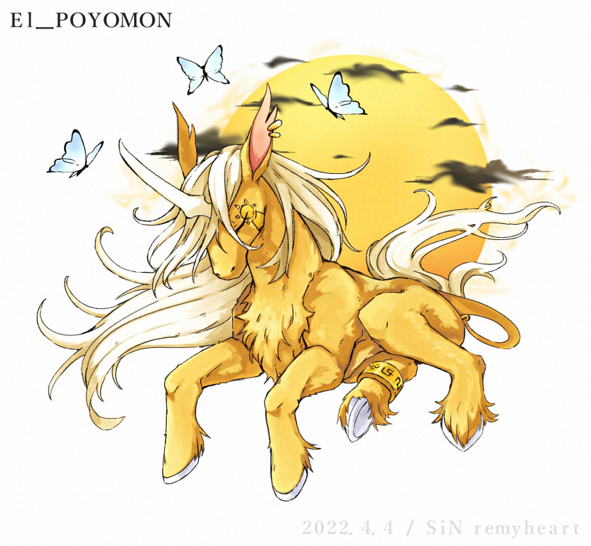 arthropod bandai_namco blonde_hair butterfly closed_eyes digimon digimon_(species) feral fur hair hi_res hooves horn insects lepidopteran orange_body orange_fur pegasusmon sin_remyheart solo tattoo wings