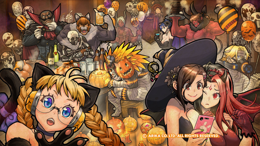 allen_snider animal_ears area_(street_fighter) arika artist_request balloon bandages black_dress blair_dame blonde_hair blue_eyes bottle breasts brown_hair candle canine cat_ears cat_tail cellphone cleavage closed_mouth company_name cracker_jack cup darun_mister doctrine_dark dress fake_animal_ears fake_tail fighting_ex_layer food garuda_(street_fighter) glasses gloves halloween halloween_costume hat hayate_(street_fighter) highres hokuto_(street_fighter) holding holding_cup holding_phone horns kairi_(street_fighter_ex) kamite_hayate large_breasts long_hair looking_at_phone looking_at_viewer multiple_boys multiple_girls mummy_costume muscular nanase_(street_fighter) official_art official_wallpaper open_mouth phone pumpkin sanane shirase_(street_fighter) short_hair sitting skullomania smartphone smile street_fighter street_fighter_ex_(series) tail teeth upper_teeth_only witch_hat