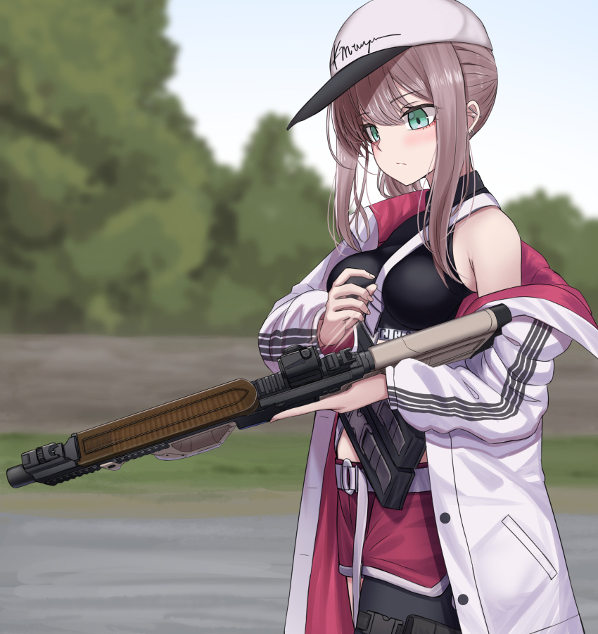 aqua_eyes ar-57 ar-57_(girls'_frontline) assault_rifle black_shirt blush breasts closed_mouth commission crop_top ear_piercing female girls'_frontline gun highres holding holding_gun holding_weapon jacket jacket_over_shoulder long_hair looking_down medium_breasts open_clothes open_jacket outdoors piercing pink_hair pink_shorts rifle scenery shirt shorts sideboob skeb_commission solo standing tank_top unworn_jacket weapon white_headwear white_jacket yakob_labo