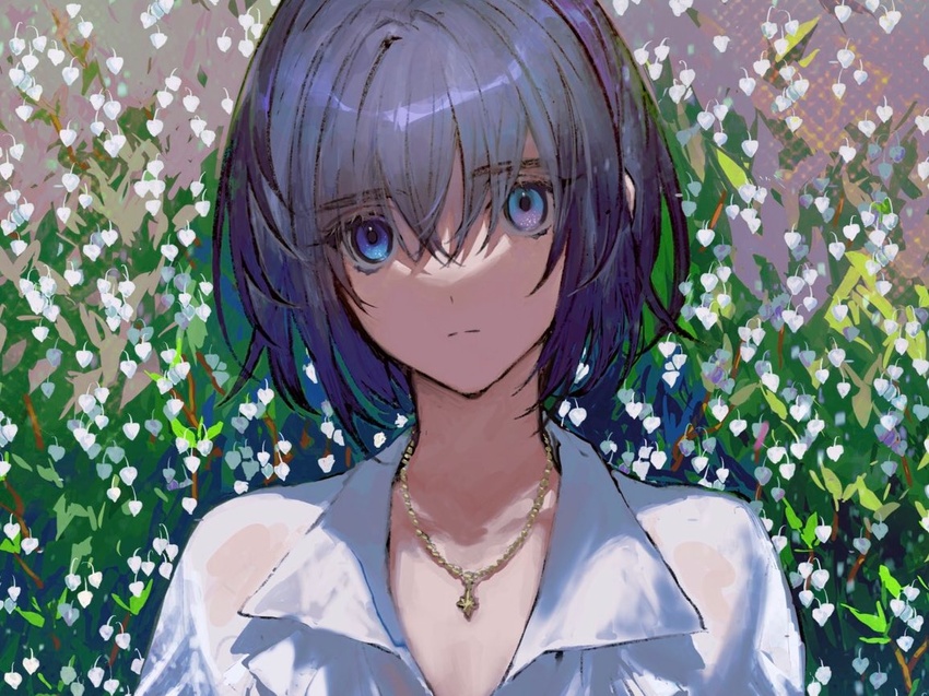 bad_id bad_twitter_id blouse blue_eyes blue_hair collarbone dark_blue_hair eyebrows_hidden_by_hair female flower hair_between_eyes jewelry looking_at_viewer namakawa necklace original shirt short_hair solo upper_body wet wet_clothes