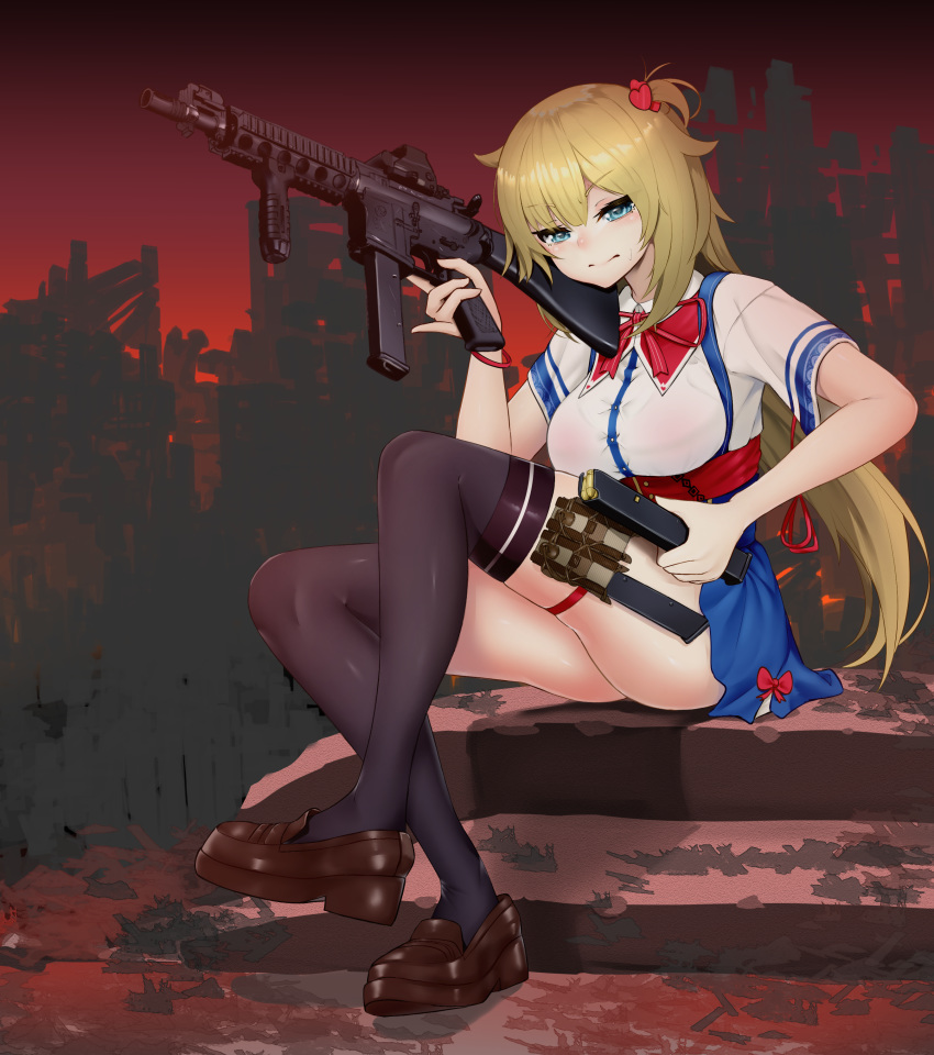 absurdres akai_haato akai_haato_(1st_costume) ammunition bad_id bad_pixiv_id black_thighhighs blonde_hair blue_eyes blue_skirt bra_visible_through_clothes breasts brown_footwear colt_9mm_smg commentary_request female gun hair_ornament heart heart_hair_ornament highres hololive holster long_hair looking_at_viewer lunch_boxer magazine_(weapon) medium_breasts military miniskirt neck_ribbon one_side_up outdoors red_ribbon ribbon shirt shoes short_sidetail short_sleeves sitting skirt solo submachine_gun thigh_holster thighhighs thighs very_long_hair virtual_youtuber weapon white_shirt