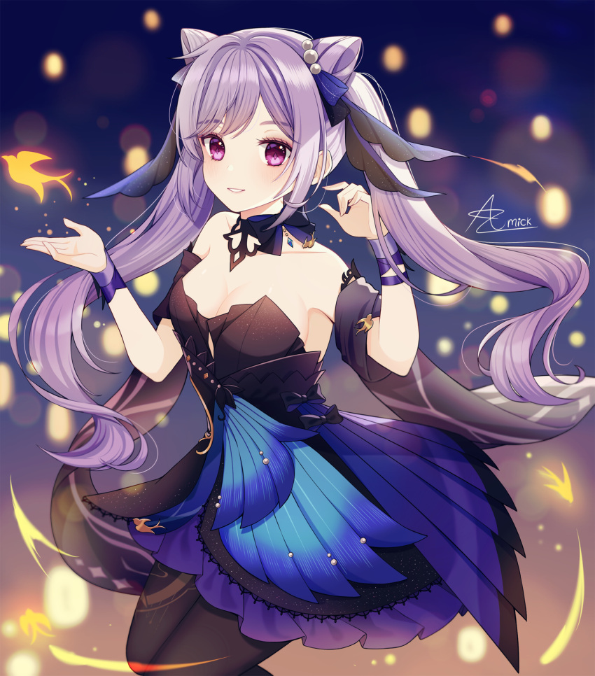 amick_(americanomix) black_bow black_dress black_pantyhose blush bow breasts cleavage collarbone commentary dress female floating_hair genshin_impact grin hair_ornament highres keqing_(genshin_impact) keqing_(opulent_splendor)_(genshin_impact) long_hair looking_at_viewer medium_breasts pantyhose purple_eyes purple_hair sash short_dress smile solo strapless strapless_dress very_long_hair