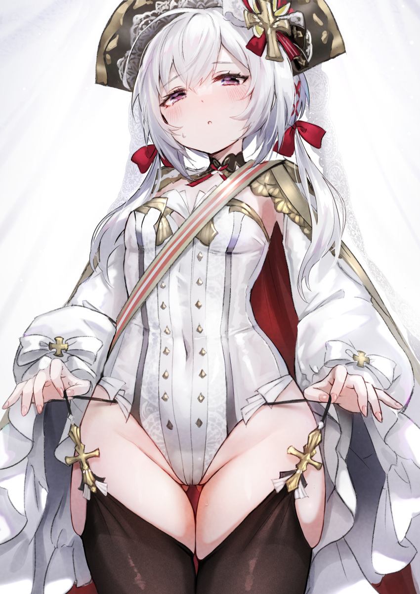 ass_visible_through_thighs azur_lane black_thighhighs blush breasts buttons coat commentary covered_navel cowboy_shot detached_sleeves double-breasted female flandre_(azur_lane) garter_straps groin hair_between_eyes half-closed_eyes hat highres kai_(ootamuno12) leotard long_hair long_sleeves low_twintails parted_lips purple_eyes red_ribbon ribbon simple_background small_breasts solo strapless strapless_leotard thick_thighs thighhighs thighs twintails white_background white_coat white_hair white_leotard