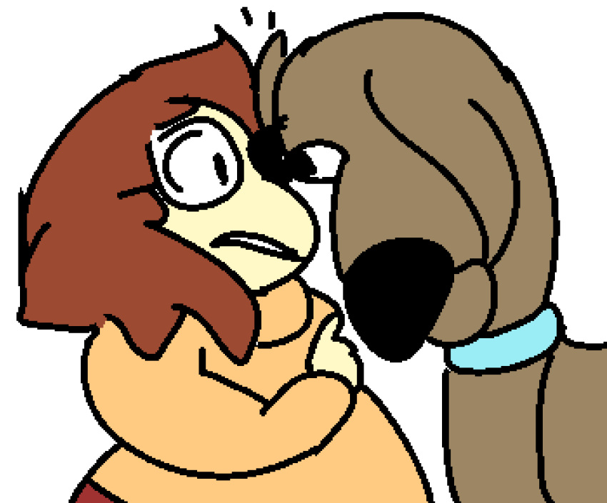 2022 big_nose black_eyes black_nose blue_collar brown_body brown_fur brown_hair canid canine canis clothed clothed_female clothed_human clothing collar collar_only colored digital_drawing_(artwork) digital_media_(artwork) domestic_dog duo emanata eye_contact eyebrows eyewear face_to_face female feral fur glasses great_dane hair hanna-barbera head_down human humor light_body light_skin looking_at_another male mammal mastiff molosser noseless nude nude_male orange_clothing orange_sweater orange_topwear pipca reaction_image scooby-doo scooby-doo_(series) side_view simple_background slightly_chubby slightly_chubby_female slightly_chubby_human snout stare sweater thick_eyebrows topwear unavailable_at_source uncomfortable velma_dinkley white_background