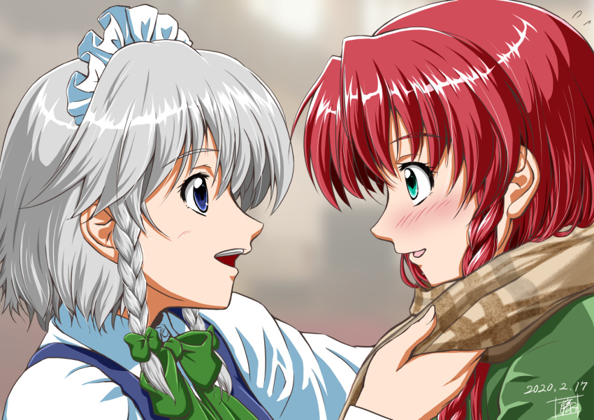 2girls anime_coloring arms_up blue_eyes blue_vest blurry blurry_background blush bow bowtie braid commentary dated depth_of_field eye_contact green_bow green_bowtie green_eyes green_shirt grey_background grey_hair hong_meiling izayoi_sakuya long_sleeves looking_at_another maid_headdress multiple_girls open_mouth plaid plaid_scarf red_hair scarf shino-puchihebi shirt short_hair signature teeth touhou twin_braids upper_body upper_teeth_only vest white_shirt yuri