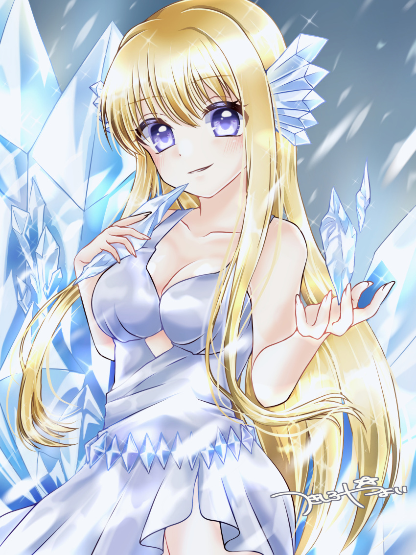 absurdres bare_shoulders blizzard blonde_hair breasts dress female highres ice large_breasts looking_at_viewer maria_(mermaid_melody_pichi_pichi_pitch) mermaid_melody_pichi_pichi_pitch smile tsukishiro_yayoi_(yumeir0) white_dress