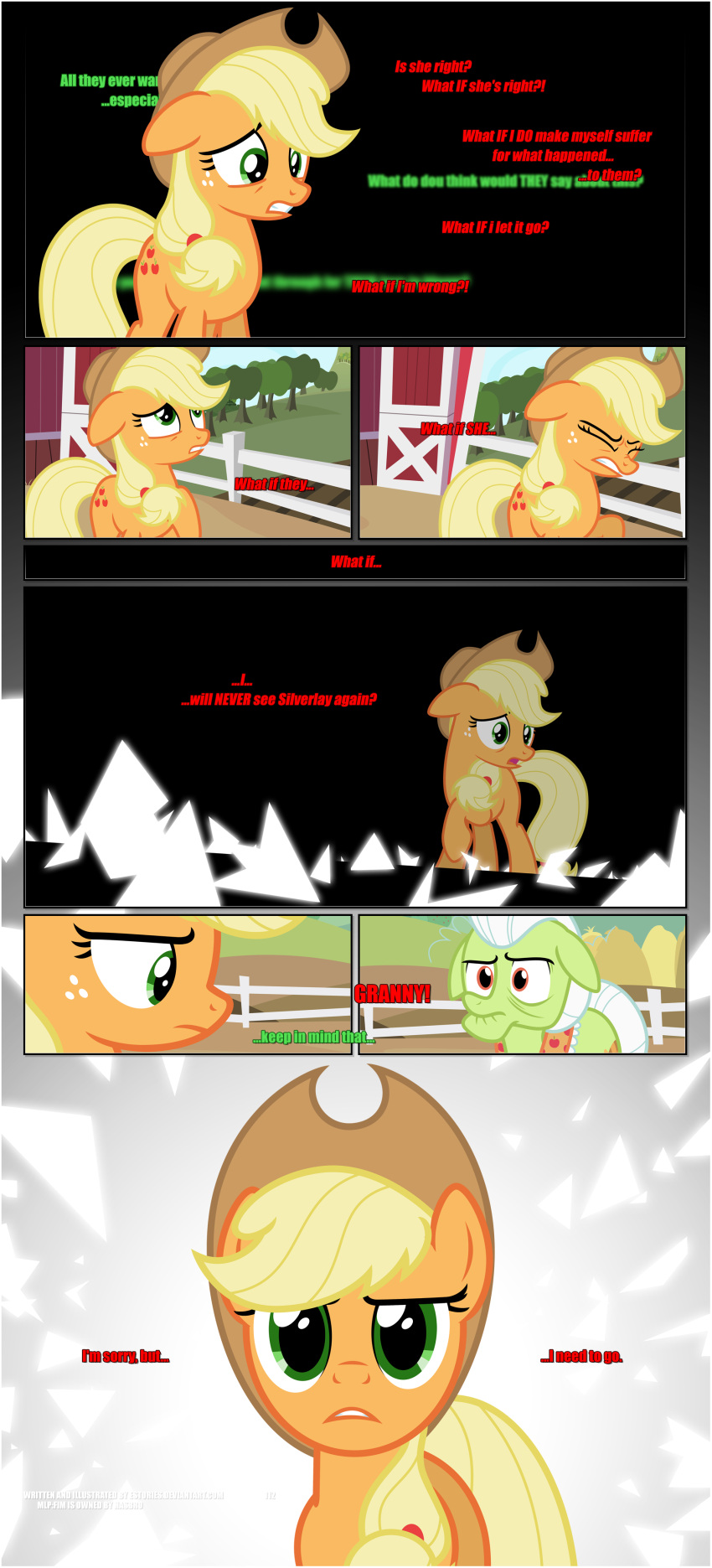 absurd_res applejack_(mlp) barn black_background black_border border bright_light building clenched_teeth closed_eyes clothing conflict conflicted cowboy_hat determined duo ears_down ears_up earth_pony english_text equid equine estories female feral friendship_is_magic frown grandchild_(lore) granddaughter_(lore) grandmother_(lore) grandmother_and_grandchild_(lore) grandmother_and_granddaughter_(lore) grandparent_(lore) grandparent_and_grandchild_(lore) granny_smith_(mlp) hasbro hat headgear headwear hi_res hooves horse internal_dialogue looking_up mammal my_little_pony pivoted_ears plant pony raised_hoof simple_background sweet_apple_acres teeth text tree what_if