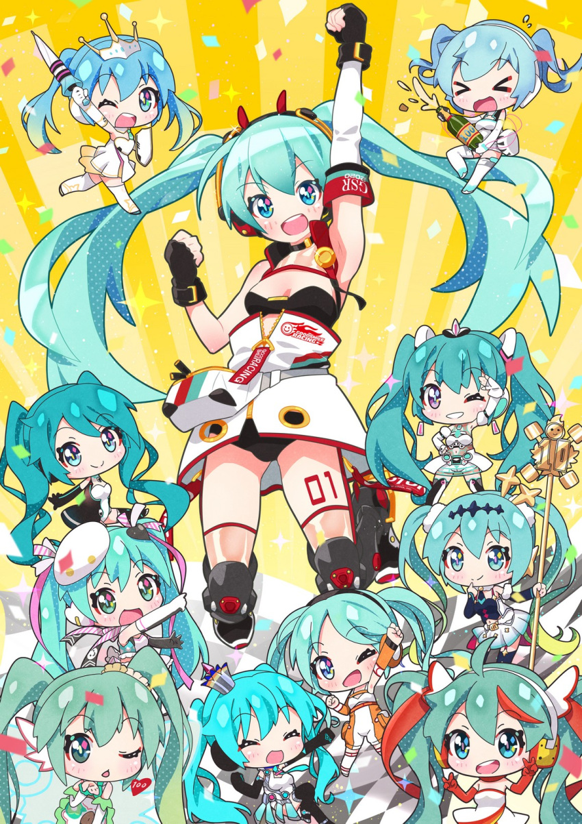 6+girls annotated aqua_eyes aqua_hair arm_up bare_shoulders black_bra black_gloves boots bra breasts chibi closed_mouth commentary confetti dress elbow_gloves everyone full_body fuusen_neko gloves goodsmile_racing hatsune_miku headphones headset highres knee_boots long_hair looking_at_viewer multiple_girls multiple_persona multiple_views open_mouth outstretched_arm race_queen racing_miku racing_miku_(2010) racing_miku_(2011) racing_miku_(2012) racing_miku_(2013) racing_miku_(2014) racing_miku_(2015) racing_miku_(2016) racing_miku_(2017) racing_miku_(2018) racing_miku_(2019) racing_miku_(2020) skirt sleeveless sleeveless_dress small_breasts smile standing standing_on_one_leg strapless strapless_bra thigh_boots thighhighs twintails underwear very_long_hair vocaloid white_skirt zipper_skirt