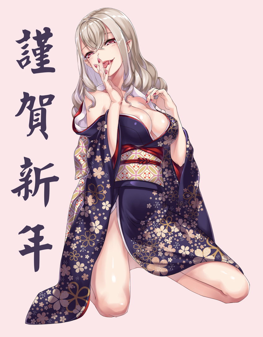 absurdres blush breasts cleavage collarbone fangs female floral_print grey_hair highres japanese_clothes kimono kneeling kumo_desu_ga_nani_ka? large_breasts licking licking_finger nail_polish new_year off_shoulder pink_nails pointy_ears purple_kimono saliva solo sophia_keren_(kumo_desu_ga_nani_ka?) yutsuki_ryou