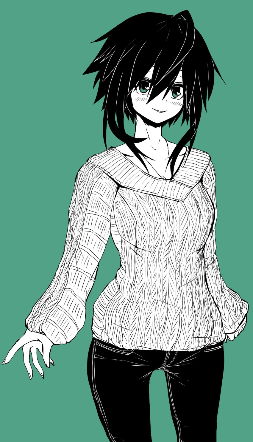 ahoge black_hair black_pants commentary_request denim female green_background green_eyes highres jeans limited_palette looking_at_viewer musuko_ga_kawaikute_shikatanai_mazoku_no_hahaoya nishimura_chiharu pants sidelocks simple_background smile solo sweater white_sweater zyugoya