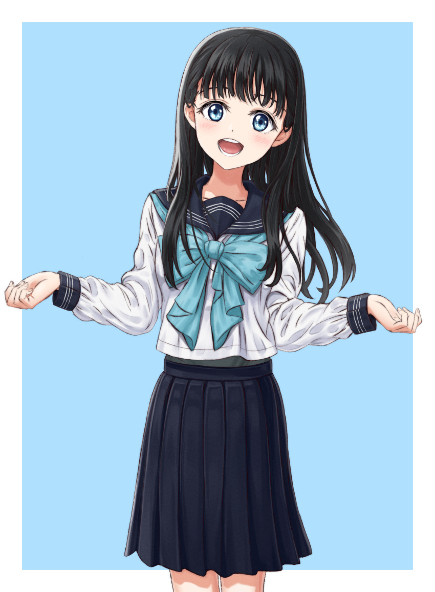 akebi-chan_no_serafuku akebi_komichi black_hair black_sailor_collar black_skirt blue_background blue_eyes blue_neckerchief commentary_request cowboy_shot highres looking_at_viewer neckerchief nonoa-cg open_mouth roubai_academy_school_uniform_(old) sailor_collar school_uniform serafuku skirt smile teeth upper_teeth_only