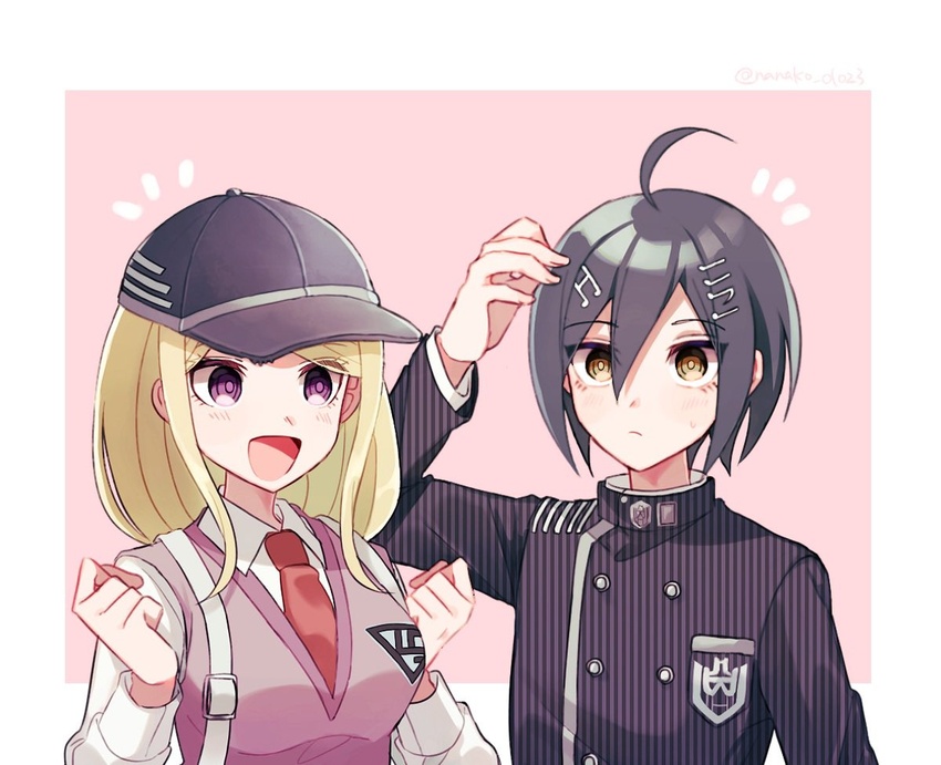 1boy ahoge akamatsu_kaede arm_up backpack bag baseball_cap black_hair black_jacket blonde_hair blush border breasts brown_eyes collared_shirt commentary cosplay costume_switch danganronpa_(series) danganronpa_v3:_killing_harmony female frown gakuran hair_between_eyes hair_ornament hands_up hat jacket large_breasts long_hair long_sleeves musical_note musical_note_hair_ornament nanao_(nanao1023) necktie open_mouth saihara_shuichi school_uniform shirt short_hair smile striped_clothes striped_jacket sweater_vest twitter_username white_border white_shirt yellow_eyes