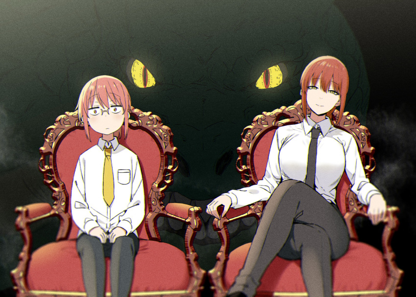 2girls bad_id bad_twitter_id black_necktie black_pants breasts chainsaw_man collared_shirt commentary crossed_legs crossover dragon expressionless glasses glowing glowing_eyes hands_on_own_thighs highres inactive_account kobayashi-san_chi_no_maidragon kobayashi_(maidragon) large_breasts leaning_to_the_side look-alike makima_(chainsaw_man) multiple_girls necktie pants red_eyes red_hair shirt sitting sky-freedom smile tohru_(dragon)_(maidragon) tohru_(maidragon) trait_connection white_shirt yellow_eyes yellow_necktie