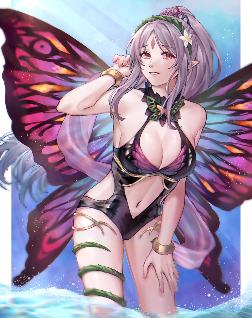 adjusting_hair ai_tkkm alternate_costume bare_arms bare_legs black_one-piece_swimsuit breasts casual_one-piece_swimsuit cleavage contrapposto fairy fairy_wings female fire_emblem fire_emblem_heroes grey_hair grin highres large_breasts long_hair navel one-piece_swimsuit plumeria_(fire_emblem) plumeria_(summer)_(fire_emblem) pointy_ears ponytail red_eyes smile solo swimsuit very_long_hair water wings