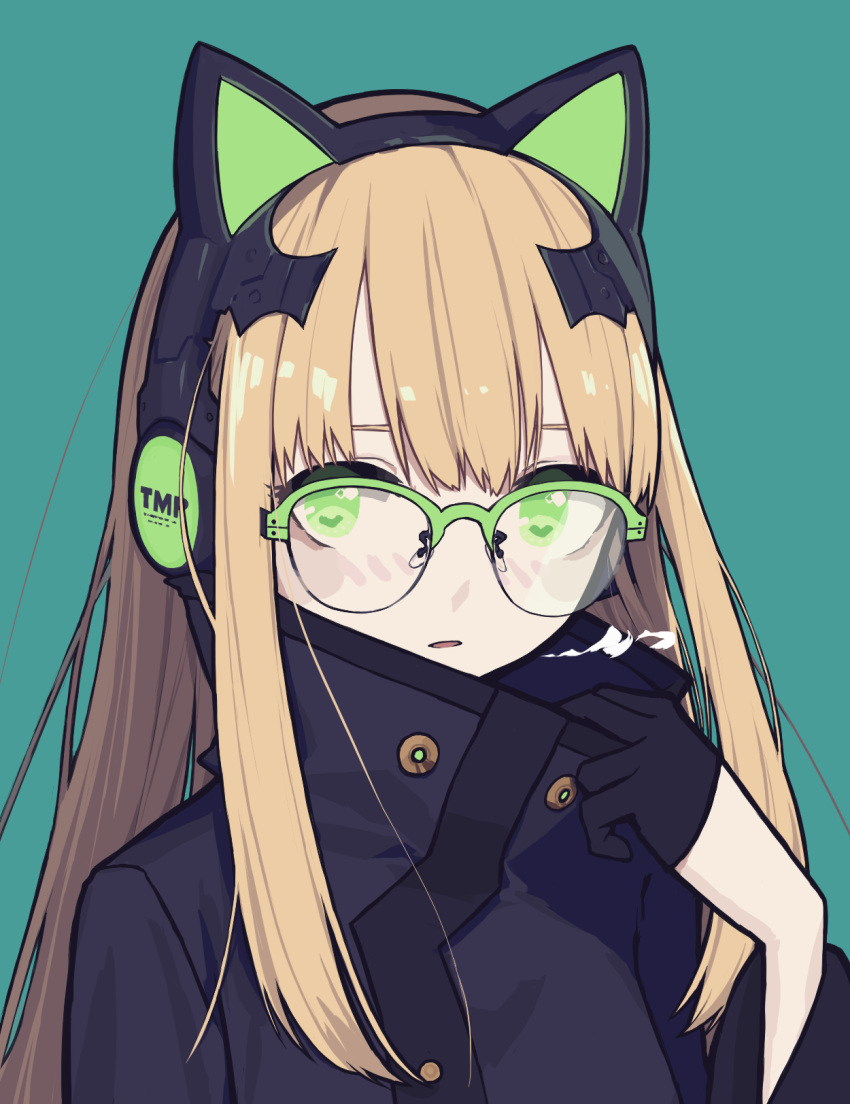 animal_ear_headphones animal_ears aqua_background bespectacled black_gloves black_headphones black_jacket blue_background cat_ear_headphones character_name commentary english_commentary fake_animal_ears female girls'_frontline glasses gloves green-framed_eyewear green_eyes half_gloves headphones high_collar highres jacket long_hair looking_at_viewer orange_hair over-rim_eyewear papaia_(quentingqoo) parted_lips semi-rimless_eyewear sidelocks simple_background solo tmp_(girls'_frontline) upper_body visible_air