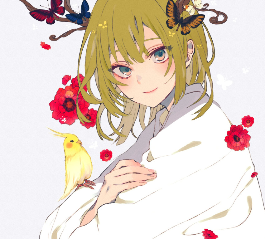 1boy androgynous bad_id bad_twitter_id bird blue_eyes bug butterfly closed_mouth cockatiel commentary_request enkidu_(fate) fate/strange_fake fate_(series) fingernails flower from_side green_hair highres looking_at_viewer looking_to_the_side male_focus red_flower robe satsuki_(miicat) smile solo white_robe