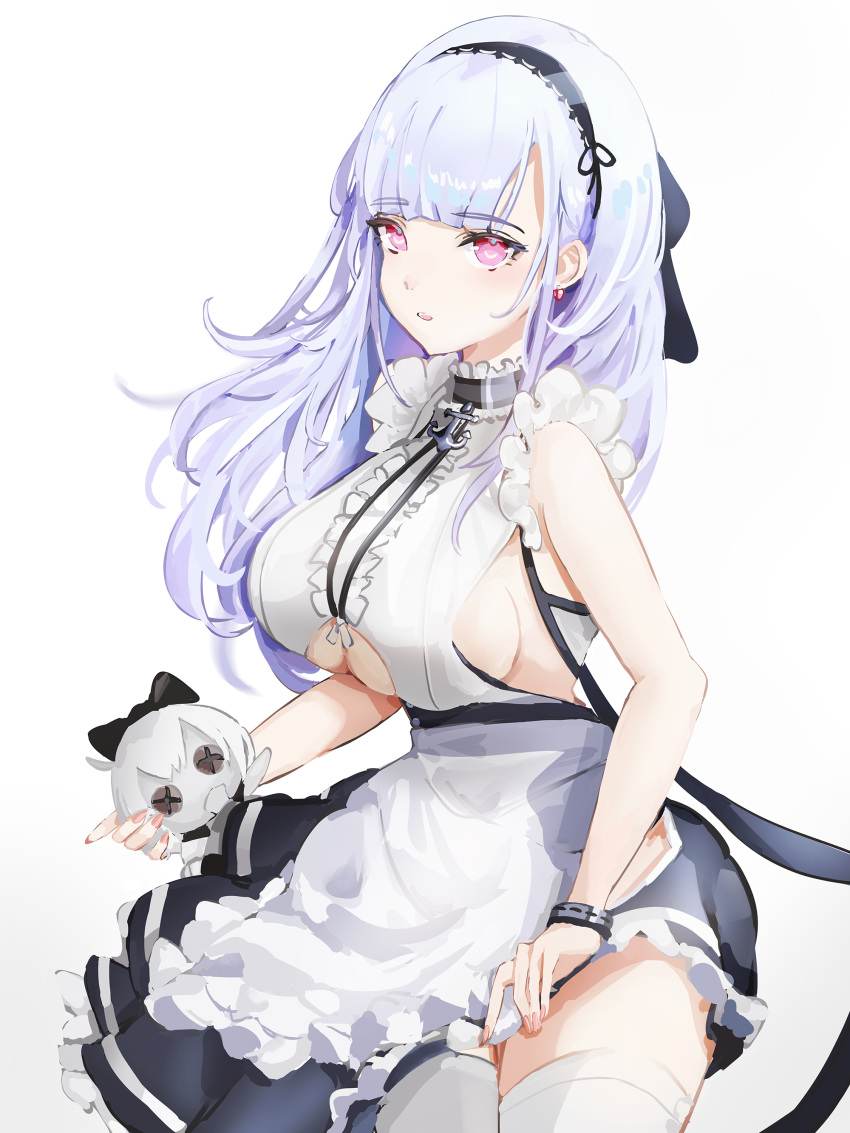 absurdres anchor_choker anchor_necklace apron azur_lane bare_shoulders black_hairband breasts center_frills choker clothing_cutout commentary_request dido_(azur_lane) doll earrings female frilled_apron frilled_choker frills hairband heart heart_earrings highres holding holding_doll jewelry lace-trimmed_hairband lace_trim large_breasts lielac long_hair maid maid_apron necklace photoshop_(medium) pink_eyes shirt sideboob sleeveless sleeveless_shirt solo standing thighhighs thighs underboob underboob_cutout waist_apron white_apron white_hair