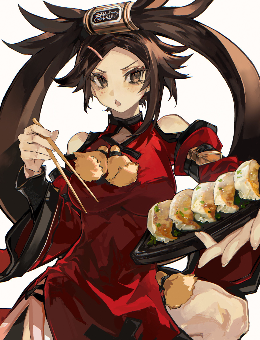 absurdres blush breasts brown_eyes brown_hair chopsticks detached_sleeves female food found_modori guilty_gear guilty_gear_xrd hair_ornament hairclip highres kuradoberi_jam large_breasts leg_up long_hair long_sleeves looking_at_viewer open_mouth outstretched_arm solo thighs tray v-shaped_eyebrows wide_sleeves