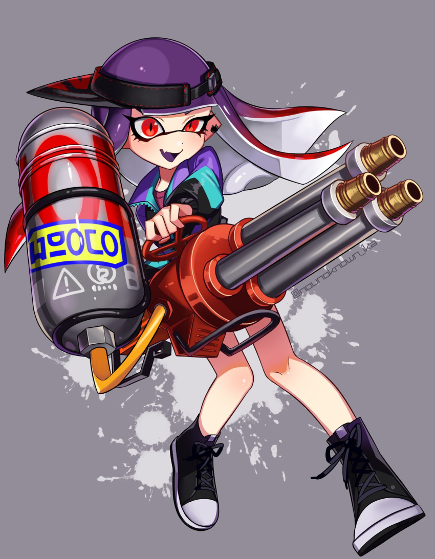 black_footwear black_hat black_jacket blunt_bangs blunt_ends commentary cross-laced_footwear earrings female gradient_hair grey_background hat highres holding holding_weapon hydra_splatling_(splatoon) inkling inkling_girl inkling_player_character jacket jewelry leaning_back long_hair long_sleeves looking_at_viewer multicolored_hair no_legwear nou_(nounknown) oerba_yun_fang open_mouth paint_splatter pointy_ears purple_hair red_eyes red_hair shoes sideways_hat simple_background skin_fang smile solo splatoon_(series) splatoon_2 standing twintails visor_cap weapon