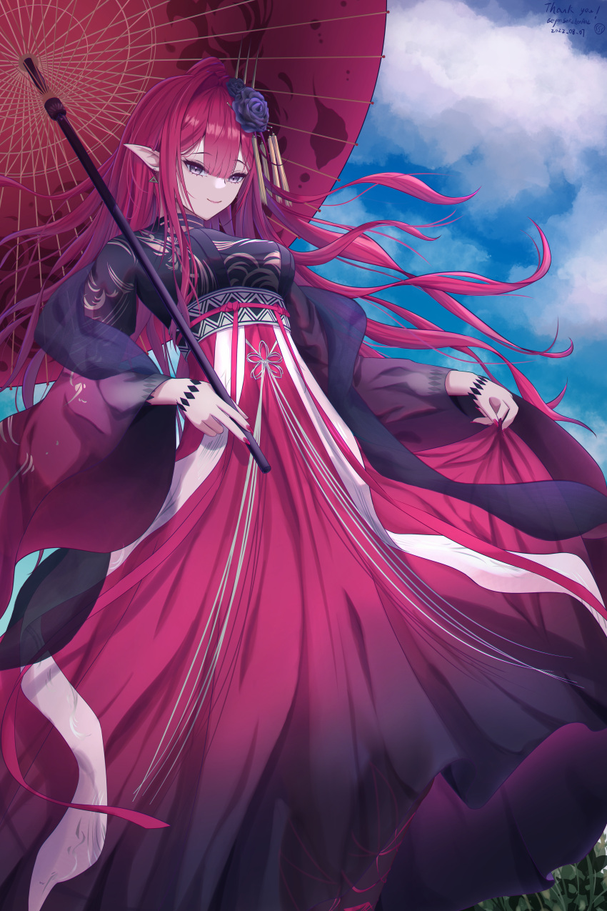 absurdres alternate_costume baobhan_sith_(dream_portrait)_(fate) baobhan_sith_(fate) blue_sky breasts cloud day eeyoosekedooaat fate/grand_order fate_(series) female grey_eyes highres holding holding_umbrella long_skirt looking_at_viewer outdoors pale_skin pink_hair pointy_ears purple_skirt sidelocks skirt sky slit_pupils smile solo umbrella