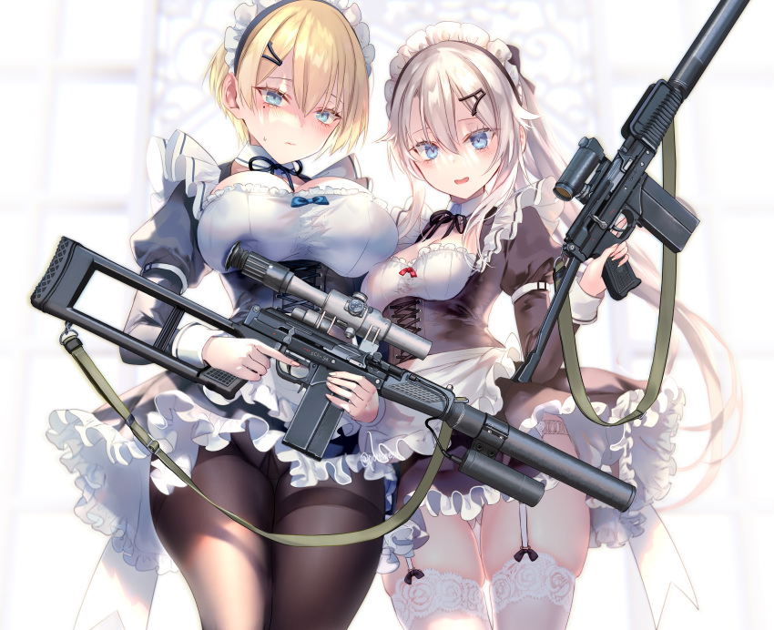 2girls 9a-91_(girls_frontline) anthro apron aqua_eyes blonde_hair blue_eyes blush breasts cleavage cropped garter_belt girls_frontline gray_hair gun headdress long_hair maid panties pantyhose pottsness short_hair stockings underwear upskirt vsk-94_(girls_frontline) weapon