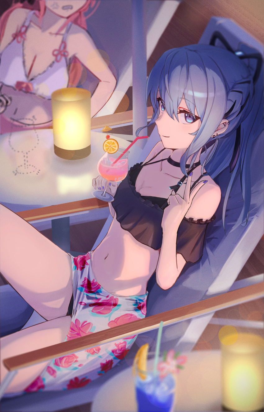 0gen3_illust 2girls absurdres anger_vein beach_chair bikini black_bikini blue_eyes blue_hair blue_nails breasts choker cleavage cocktail cocktail_glass collarbone cup drinking_glass drinking_straw earrings hair_between_eyes hair_ribbon head_out_of_frame highres hololive hoshimachi_suisei jewelry looking_at_viewer micomet_(hololive) midriff multiple_earrings multiple_girls nail_polish navel ponytail red_hair ribbon sakura_miko sitting star_(symbol) star_in_eye swimsuit symbol_in_eye v virtual_youtuber