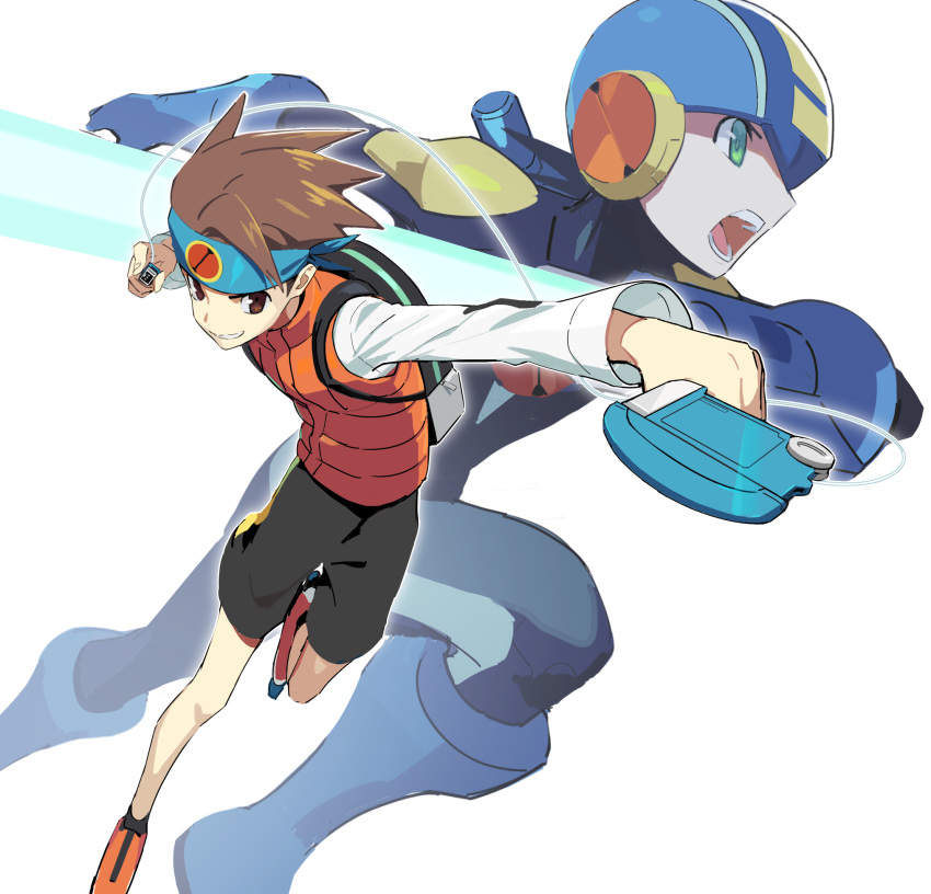 2boys backpack bag blue_headband brown_eyes brown_hair bum_hico fingernails green_eyes grin headband helmet highres holding lan_hikari_(mega_man) male_focus mega_man_(series) mega_man_battle_network_(series) megaman.exe multiple_boys netnavi open_mouth personal_terminal shorts smile teeth tongue white_background