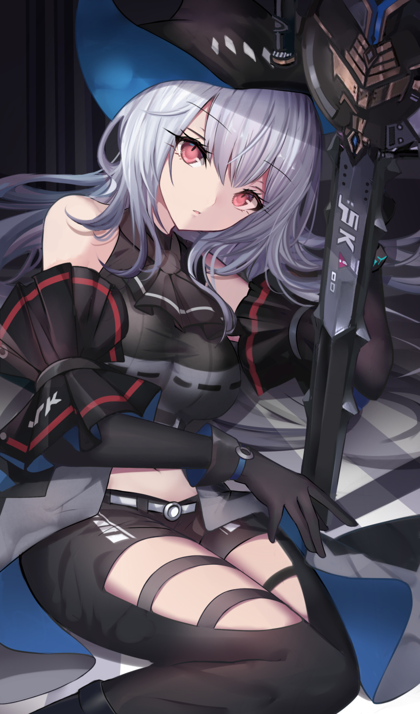 absurdres arknights ascot black_ascot black_gloves black_headwear breasts clothing_cutout female gloves grey_ascot grey_hair highres holding holding_sword holding_weapon huge_weapon large_breasts long_hair looking_at_viewer low-tied_long_hair red_eyes skadi_(arknights) skadi_(elite_ii)_(arknights) solo stratoz sword thigh_cutout weapon