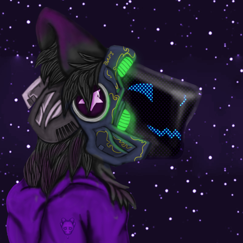 1:1 anthro cyberpunk hi_res light machine male protogen side_view sky solo star starry_sky technology theslimedragon visor