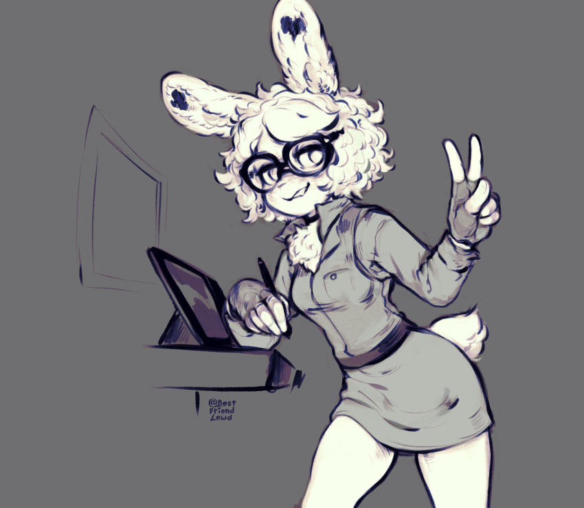 2023 anthro bestfriendforever besty_(character) bottomwear breasts clothing desk digital_media_(artwork) drawing_tablet dress electronics eyewear female furniture gesture glasses hair hand_gesture hi_res holding_object holding_pen lagomorph leporid mammal nonbinary_(lore) pen rabbit simple_background skirt smile solo standing table v_sign