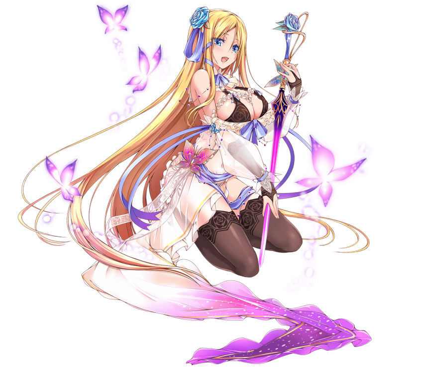 bare_shoulders blonde_hair blue_eyes blue_flower blue_ribbon blue_rose breasts bug butterfly butterfly_ornament caladbolg_(phantom_of_the_kill) cleavage covered_navel detached_collar eyes_visible_through_hair female fingerless_gloves flower gloves gradient_clothes hair_flower hair_ornament hair_ribbon highres holding holding_sword holding_weapon huge_breasts long_hair looking_at_viewer lost_ragnarok_(phantom_of_the_kill) official_art open_mouth phantom_of_the_kill ribbon rose see-through sword thighhighs transparent_background very_long_hair weapon