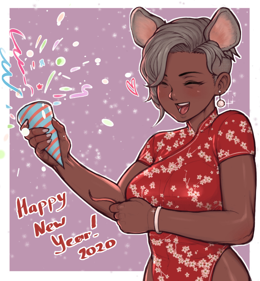 2020 animal_ears asura_(asurauser) asymmetrical_hair bracelet breasts china_dress chinese_clothes chinese_zodiac commentary dark-skinned_female dark_skin dress earrings english_commentary extra_ears female floral_print grey_hair hair_over_one_eye happy happy_new_year highleg highleg_dress highres jewelry kali_(asura) large_breasts mouse_ears new_year open_mouth original party_popper pelvic_curtain red_dress short_hair smile solo undercut year_of_the_rat