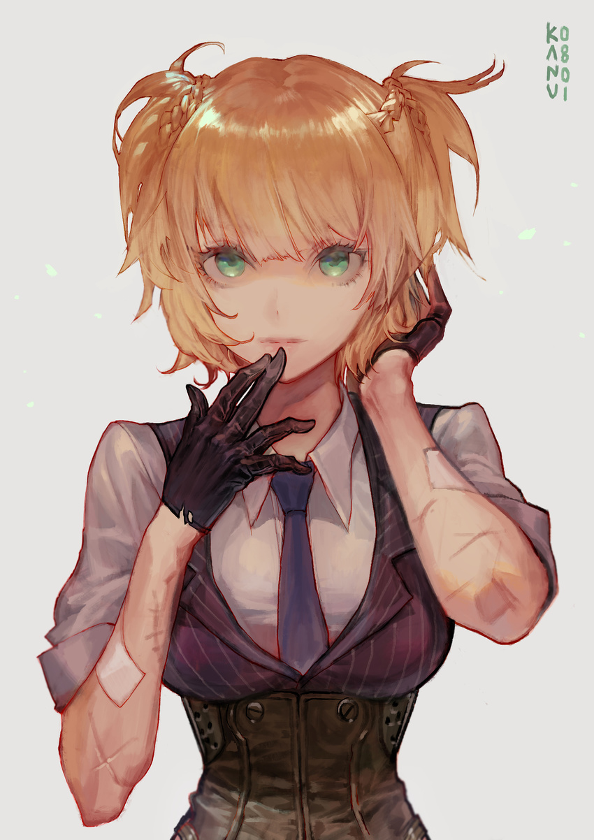 absurdres arm_up artist_name black_gloves blonde_hair braid breasts commentary corset female girls'_frontline gloves green_eyes hand_up highres kim_hana large_breasts lips photoshop_(medium) short_hair short_twintails signature sleeves_rolled_up solo twintails upper_body welrod_mkii_(girls'_frontline)