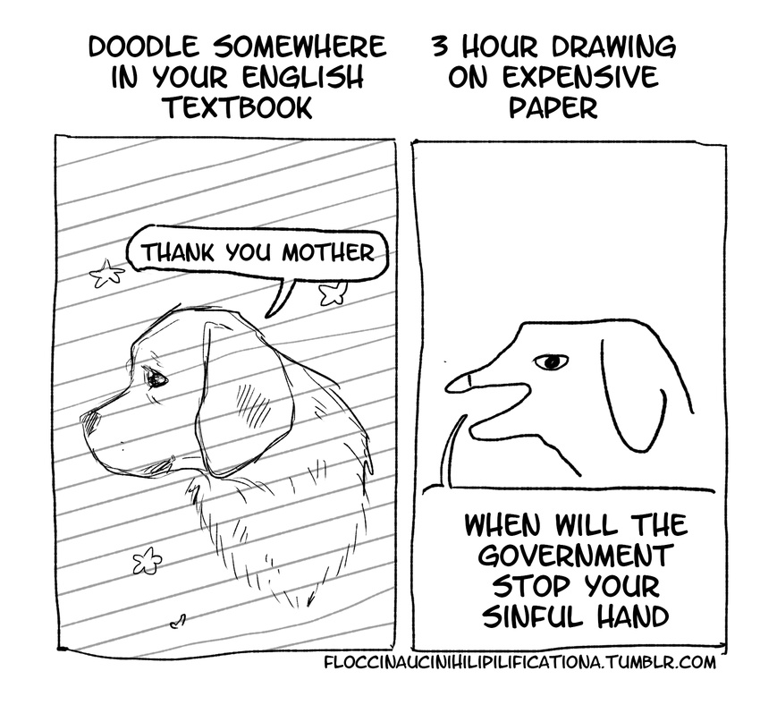 2015 ambiguous_gender asking asking_when black_and_white canid canine canis comparison dialogue domestic_dog english_text feral floccinaucinihilipilification fur hi_res humor mammal monochrome number paper question side_view simple_background solo speech_bubble text thanking the_truth time_period url white_background