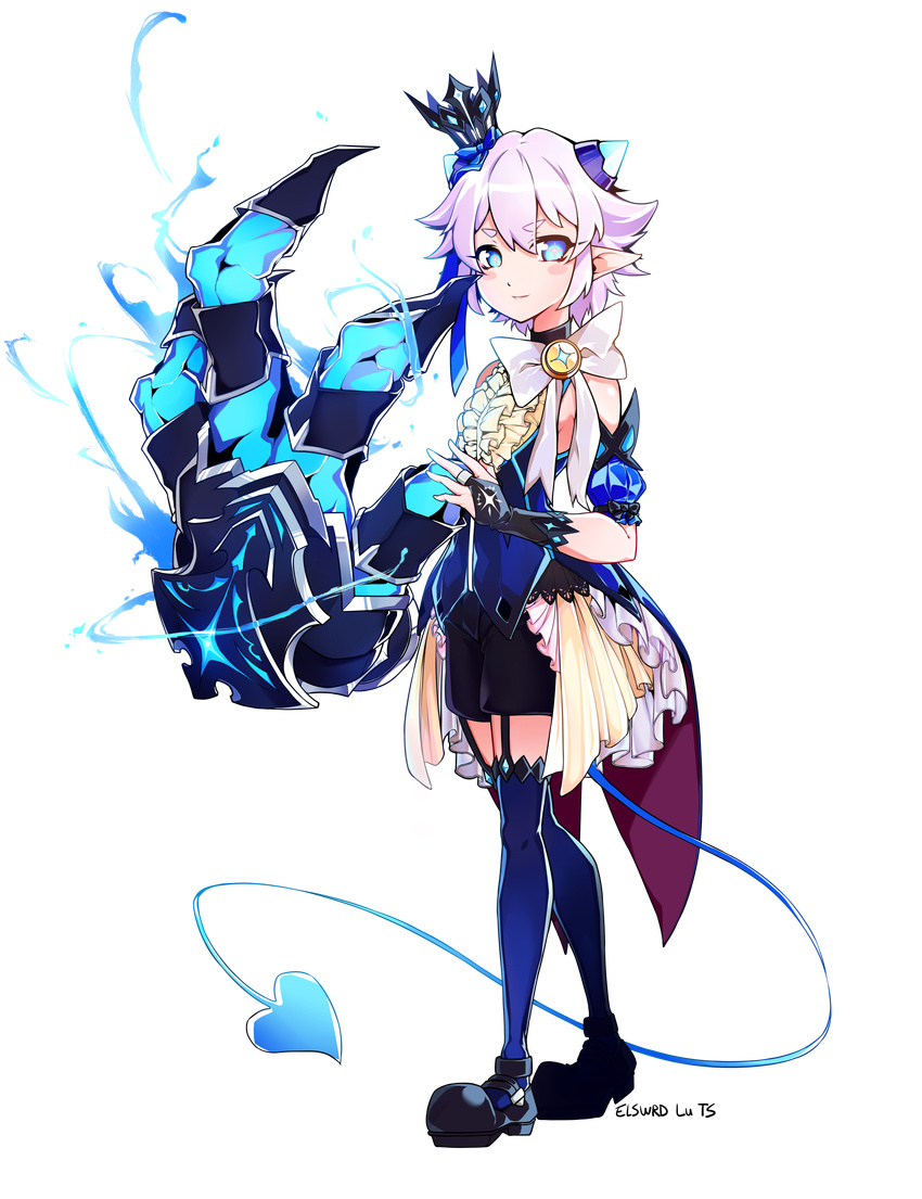 1boy absurdres bad_id bad_pixiv_id black_crown_(object) black_footwear blue_eyes blue_sleeves blue_thighhighs bow bridal_gauntlets brooch character_name claws copyright_name crown demon_power_(elsword) demon_tail elsword frills full_body genderswap_(ftm) highres horns jewelry luciela_r._sourcream male_focus pointy_ears quai_(hbee) rule_63 shoes shorts smile solo standing tail thigh_strap thighhighs transparent_background white_bow white_hair